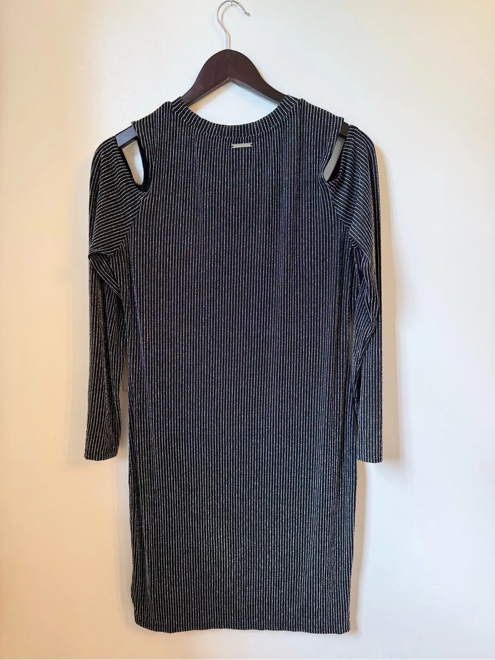 Michael Kors Black and Silver Metallic Striped Cold-Shoulder Ribbed Dress